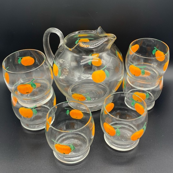 Vintage Hand Painted Miniature Orange Juice Pitcher And 4 Glass Set - Picture 1 of 12